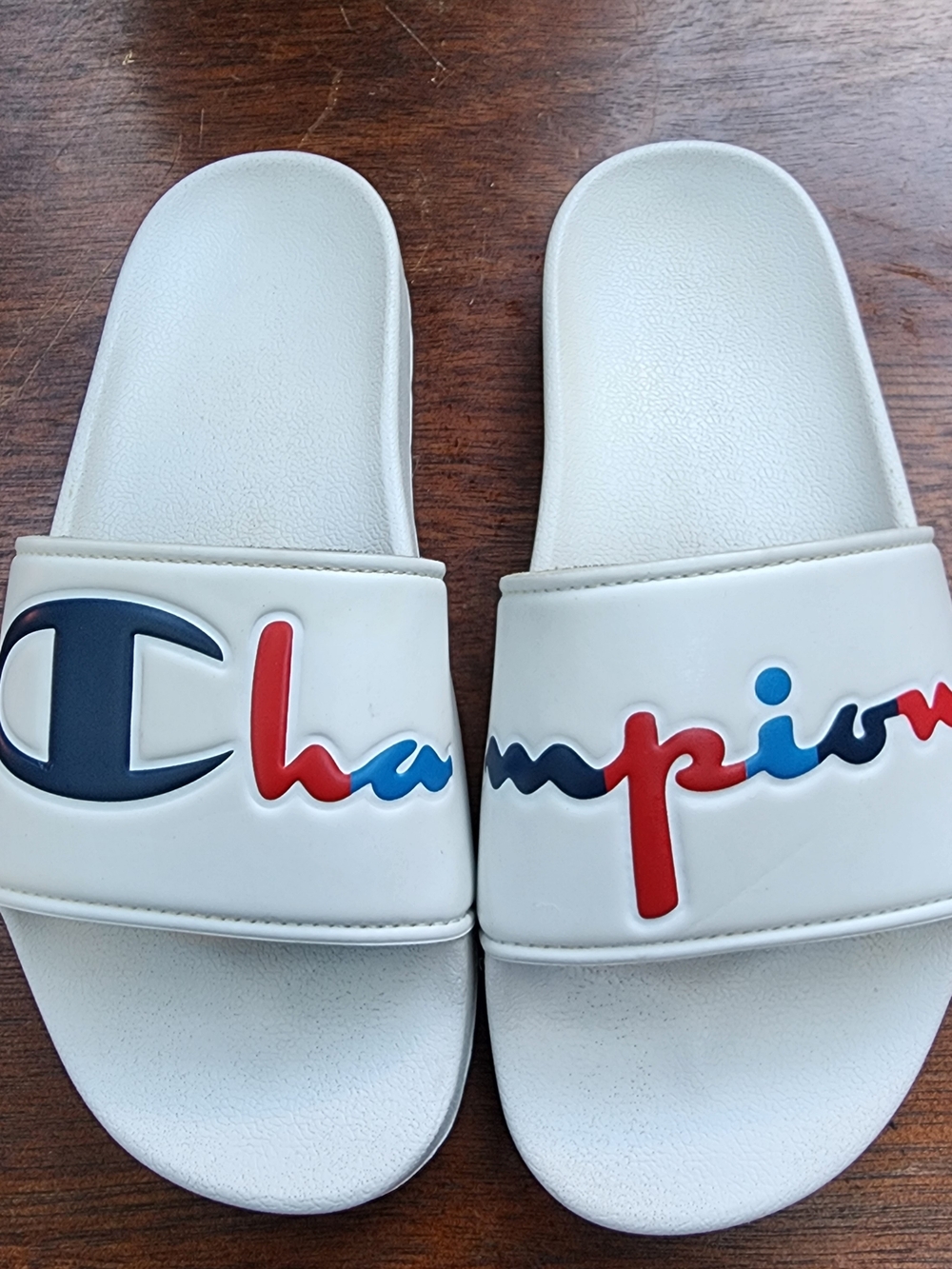 Champion White Slide Sandals Split Script Multi Color Logo Slides Shoes - Picture 2 of 7